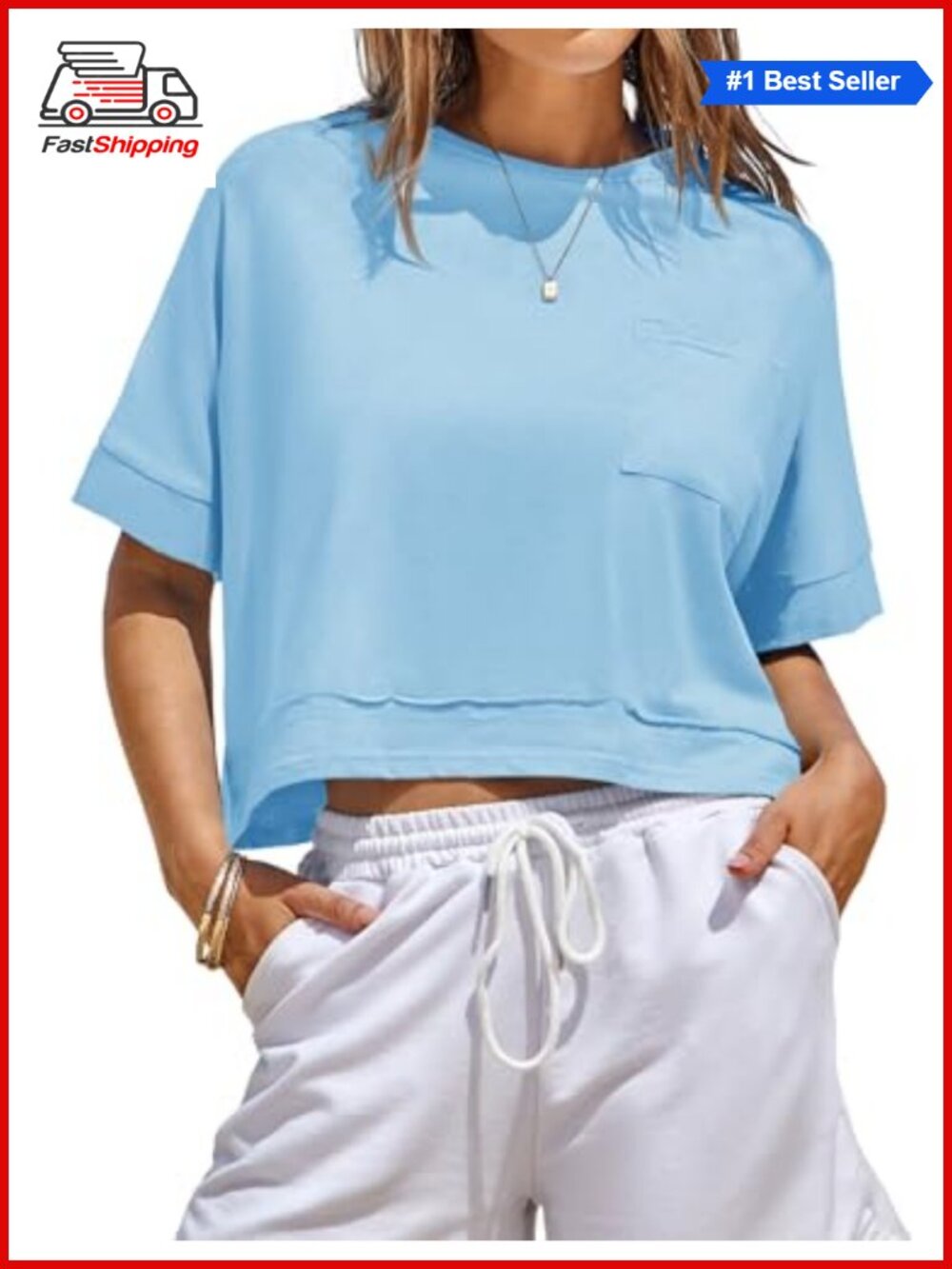 Oversized Crop Top Workout Short Sleeve Loose Tee Crew Neck Front Pocket